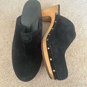 UGG Black Suede Mules with Wooden Heel